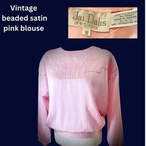Vintage 80’s -  pink satin blouse- beaded, banded waist hem, keyhole neckline